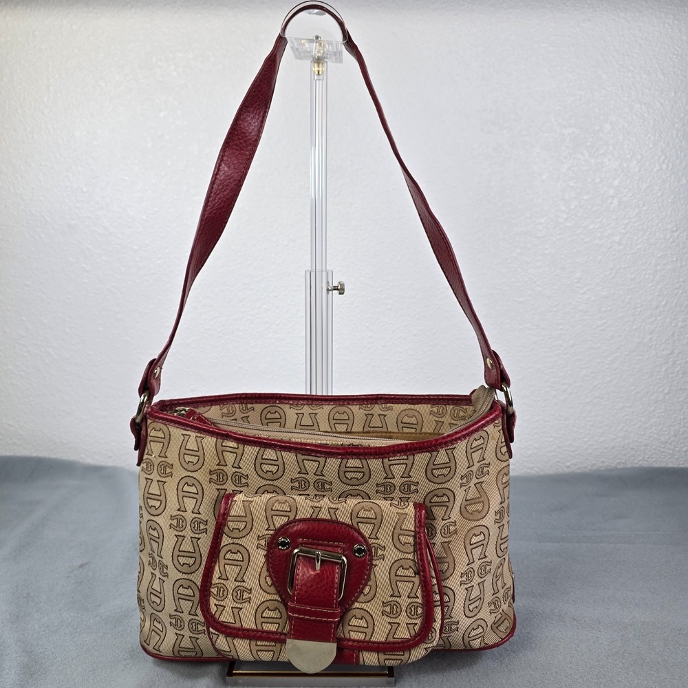 Etienne Aigner Shoulder Bag Womens Beige Red Monogram Zipper Inner Pockets